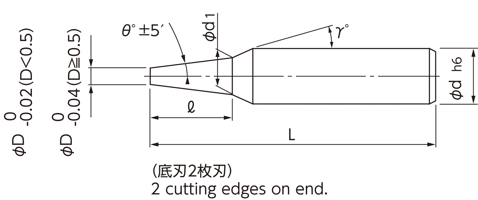 無限コーティング 深リブ用テーパーエンドミル MRT425 D0.6X30'X6 無限